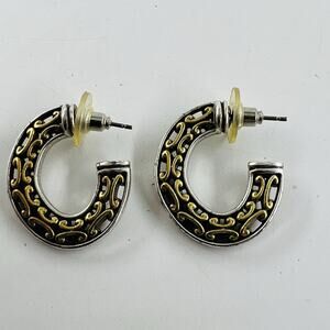 Brighton Gold Tone & Silver Plated Hoop Pierced Earrings Ornate Filigree Puffy